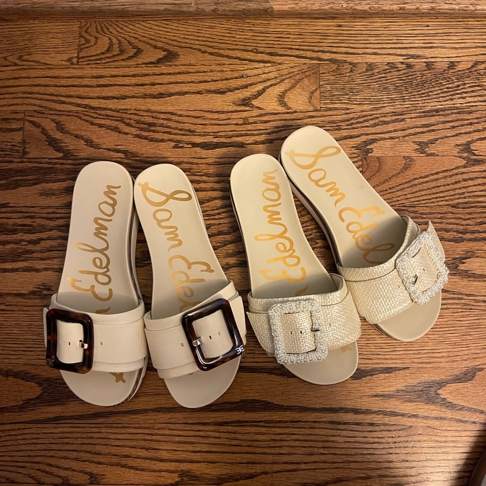2 for 1!! Sam Edelman Women's Tan and Cream Buckle Slide Sandals